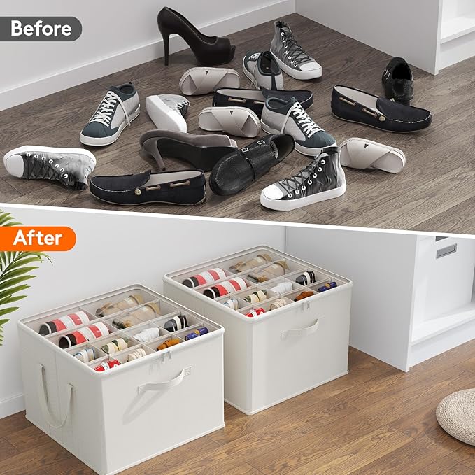 Lifewit Shoe Storage Organizer for Closet, Fabric Large Shoe Box Storage Containers with Clear Cover, Foldable Bins for Boots Heels Sneakers Fits 36-48 Pairs (Each 12-16 Pairs) 3 Pack White