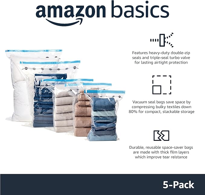 Amazon Basics Vacuum Storage Bags for Clothes,Compression Zipper with Hand Pump,Medium,White,Sky Blue,5 Count (Pack of 10)