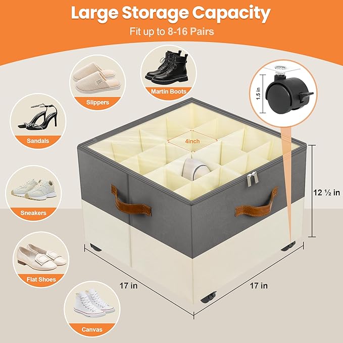 Shoe Organizer for Closet, 2 Pack Shoe Storage Organizer with Wheels and Adjustable Dividers, Stackable Shoe Storage Box with Clear Cover, Closet Shoe Organizer Fits up to 16-32 Pairs, Gray and Beige