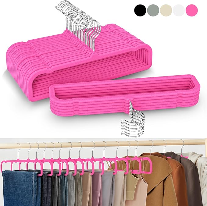 50 Pack Velvet Hangers Non Slip, Felt Pants Hangers Thin Space Saving Clothes Hanger Flocked Strong Durable Ganchos para Colgar Ropa with 360°Swivel Hook for Pants Jeans Shorts Tank Top, Rose Red