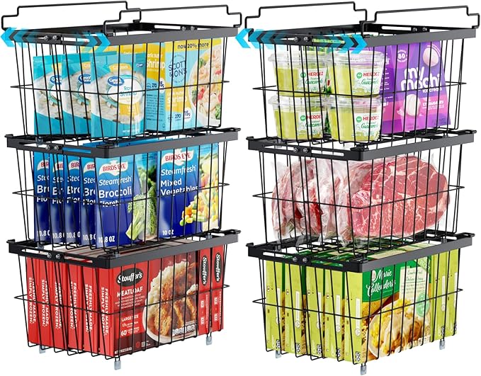 iSPECLE Freezer Organizer Bins - 6 Pack Adjustable Width for 5 to 7 Cu.Ft Chest Freezers, Stackable Freezer Wire Storage Baskets for Deep Freezer Organization, Assembly Required, Black