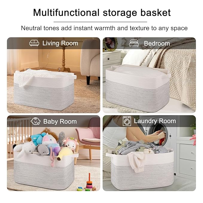 OIAHOMY Extra Large Blanket Basket, 95L Woven Storage Basket, Cotton Rope Toy Bin for Baby Room, Container for Storage in Living Room, 24''×17''×14'', Black & White
