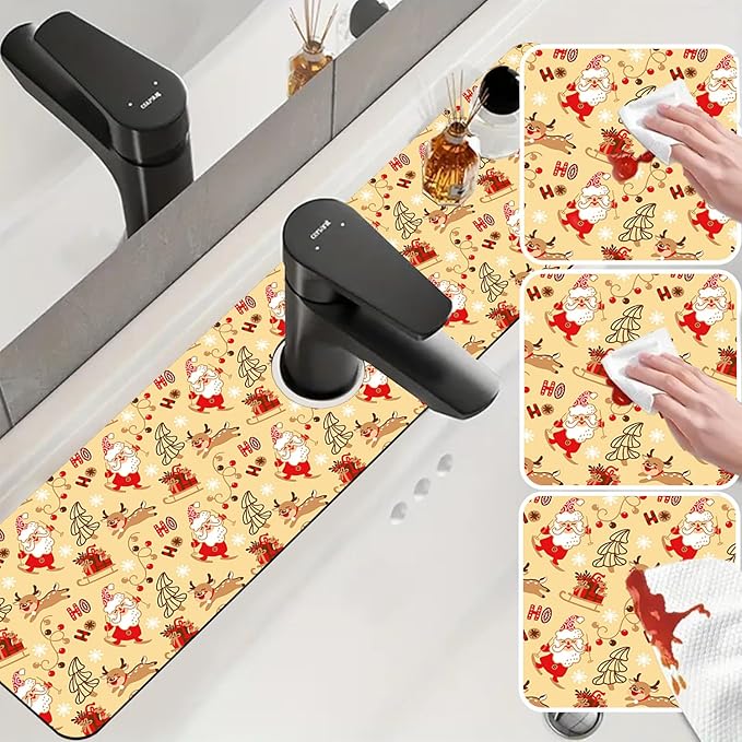 Chrismas Sink Splash Guard Faucet Mat Cute Christmas Absorbent Fast Drying Mat Sink Gadgets Splash Guard Behind Faucet Drip Catcher for Kitchen Bathroom 23.5"X5.5"