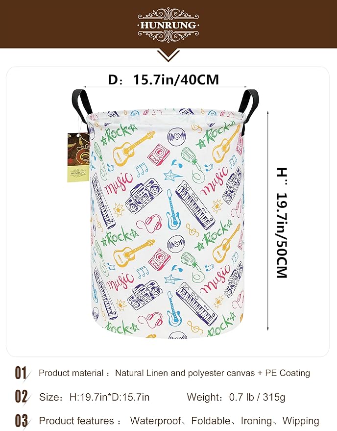 HUNRUNG Laundry Hamper,Large Canvas Fabric Lightweight Storage Basket Toy Organizer Dirty Clothes Collapsible Waterproof for College Dorms（Round-Musical instrument）