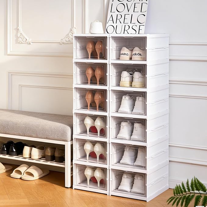Shoe Storage Box, No-Assembly 6 Tiers Foldable Shoe Organizer with Clear Door, Space-saving Shoe Rack，Sturdy Clear Plastic Stackable Sneaker Container
