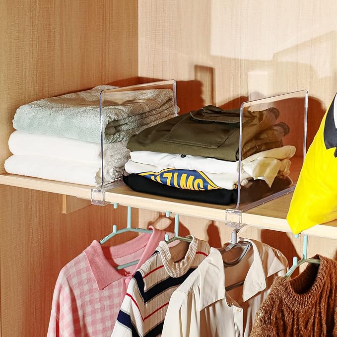 Sooyee Beautiful 8 PCS Acrylic Shelf Dividers, Perfect Perfect for Closets Kitchen Bedroom Shelving Organization to Organize Clothes Closet Shelves, Books,Towels and Hats, Purses Separators,Clear