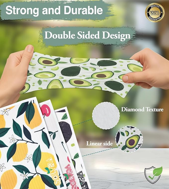 5 PCS Fruit Print Swedish Dishcloths for Kitchen 100% Biodegradable, Reusable Cellulose Sponge Cloths Ultra Absorbent, Eco Friendly Cleaning Towels Dishcloths for Washing Dishes & General Cleaning
