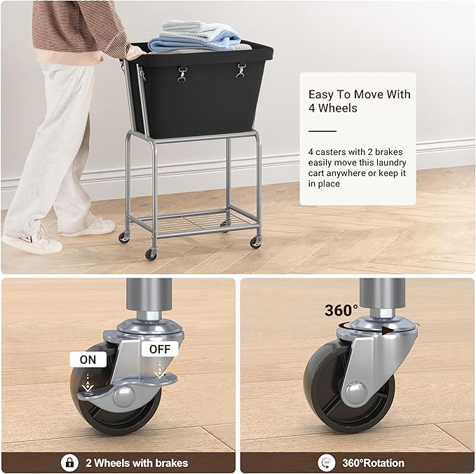 ELYKEN Laundry Cart with Wheels, Rolling Laundry Hamper with Removable Bag and Shelf, Metal Frame Laundry Basket with 4 Casters and 2 Brakes, Ideal for Bedroom, Bathroom, Laundry Room, Black