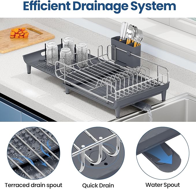 TOOLF Expandable Dish Rack, Dish Drying Rack for Kitchen Counter, Foldable Dish Dryer Rack, Stainless Steel Dish Drainer Racks with Cutlery Holder, Collapsible Dish Drying Racks Large Size,Gray