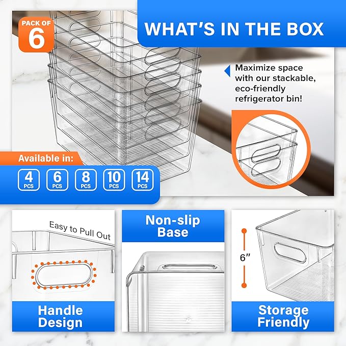 Lifemaster Multi-purpose Refrigerator Bins - 6 pieces Large Capacity Stackable Fridge Bin Organizer with Easy Grip Handles - Clear