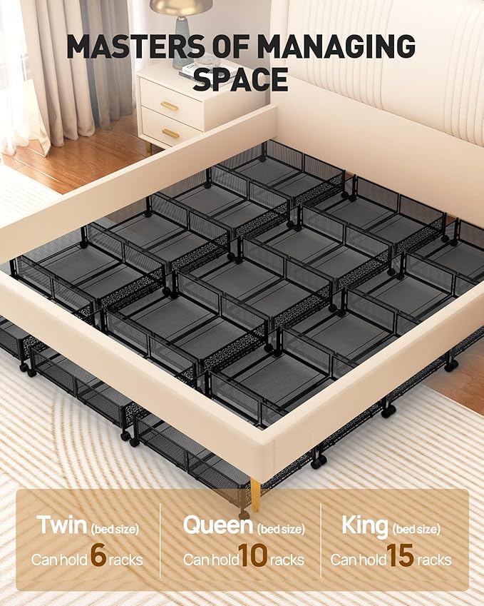 Under Bed Storage with Wheels, Foldable Pattern Carved Metal Under Bed Storage Containers, 60L Rolling Underbed Storage, Easy Assembly Under The Bed Storage for Shoes, Clothes, Blankets...