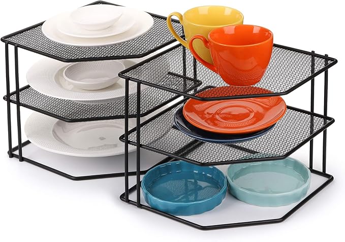 yarlung 3-Tier Cabinet Corner Shelf, 9x9x7.5 Inches Metal Wire Plate Rack Kitchen Counter Corner Organizer for Cups, Dishes, Cupboard, Pantry, Black Elegant Finish