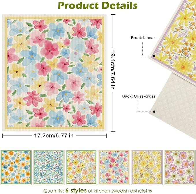 6 Packs Swedish Paper Cloths for Kitchen, Reusable Paper Towels Washable Dish Rags, Highly Absorbent Kitchen Towels Quick Drying Swedish Sponge Cleaning Dish Cloths(Orange Pink Blue Floral)