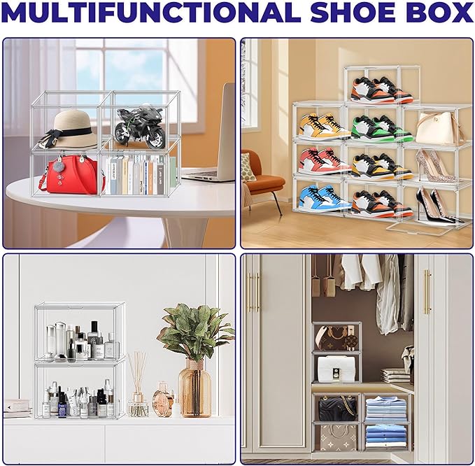 EDS FAM 12 Pack Acrylic Shoe Large Storage Box with Magnetic Door Size 13 Clear Stackable Shoe Organizer for Closet Space Saving Shoe Cabinet Sneaker Display Case