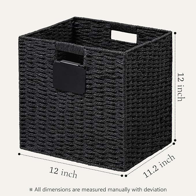 UBBCARE 4 Pack Wicker Basket, 12×12 Storage Cubes with Label, Foldable Cube Storage Bin with Handle, Square Storage Basket for Shelves, Woven Paper Rope Basket for Organizing, Black