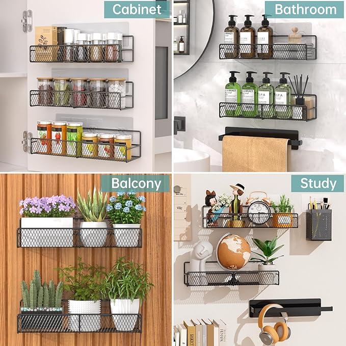DTUQTX Spice Rack Wall Mounted 6 Pack: 100% Metal & Strong Adhesive Spice Organization for Kitchen Cabinet/Pantry Door, No Drill Hanging Seasoning Organizer with Paper Towel Holder, Utensil Caddy