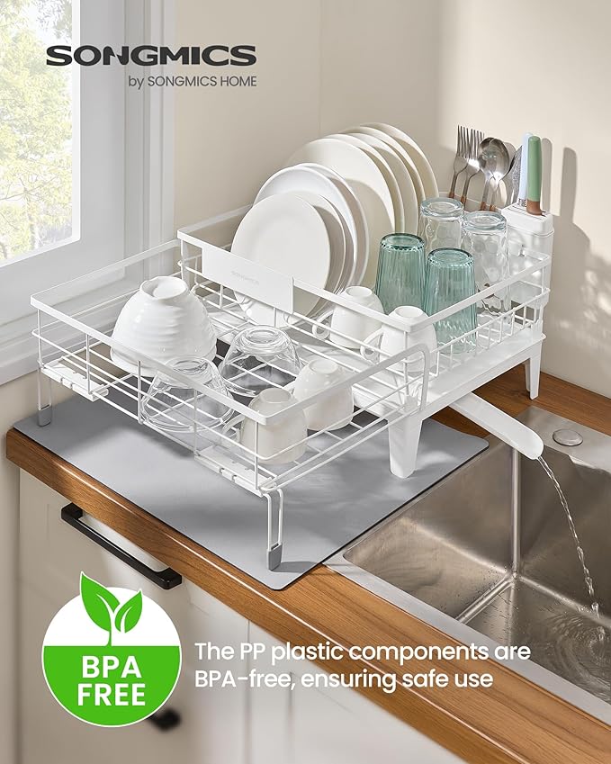 SONGMICS Dish Drying Rack, Kitchen Dish Rack with Drainboard, 360° Rotatable and Extendable Spout, with Cutlery Holder, (12.2-22) x 16.5 x 7.9 Inches, Matte White UKCS552W01