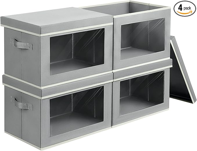 Storage Bins with Lids, 4 Pack Large Storage Cubes with Window, Closet Bins with Lids & Handles, Fabric Box for Organizing Clothes, Towels, Books, Grey
