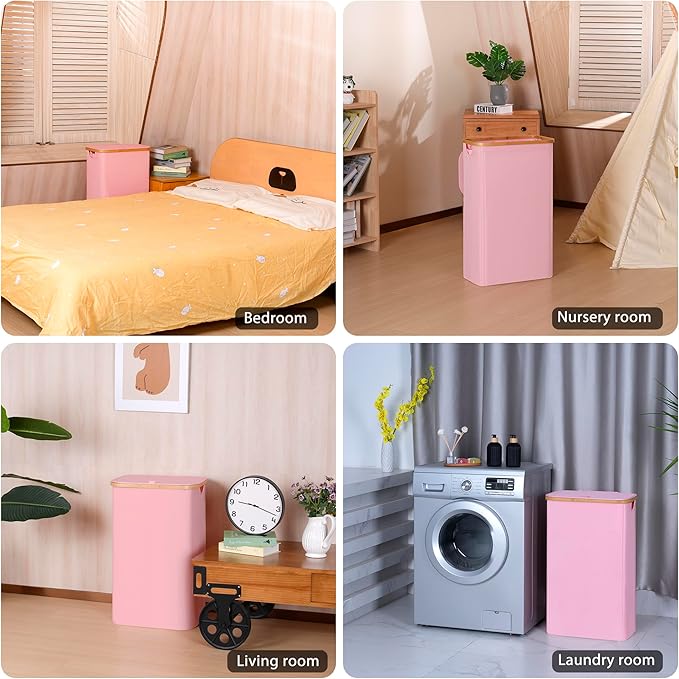 75L Slim Laundry Hamper, Narrow Laundry Basket with Lid,Foldable Clothes Hamper with Bamboo Handles,Hamper Basket with Removable Inner Bag for Laundry Room Bedroom College Dorm,19.8 Gals Pink