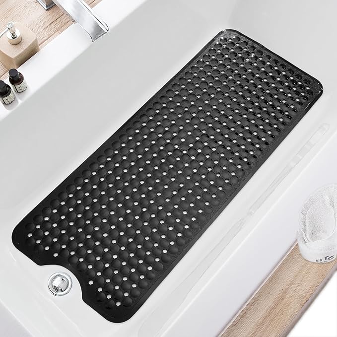 Bath Tub and Shower Mats, Non Slip 40 x 16 Inch Extra Long Bathtub Mat, Machine Washable Bathmat with Drain Holes, Suction Cups for Bathroom Floor, Black