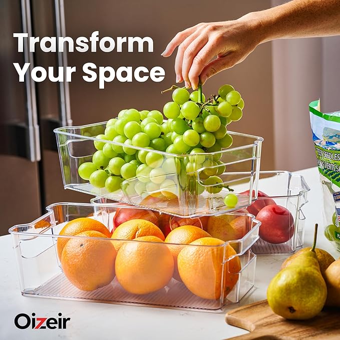 Oizeir 8 Pack Clear Plastic Fridge Organizer Bins - Stackable Refrigerator & Pantry Storage Bins with Handles for Snacks, Freezer, Kitchen Cupboard, and Cabinet Organization