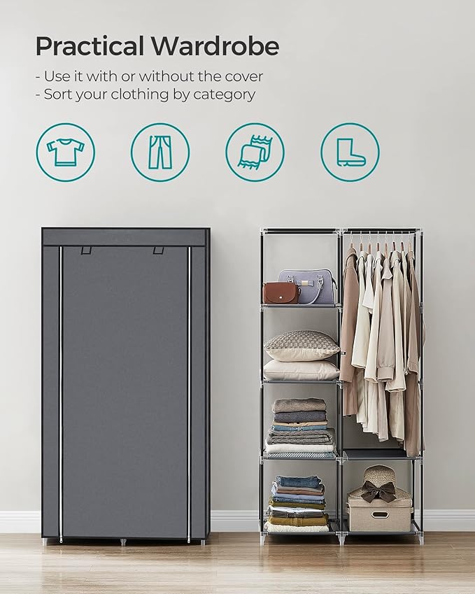 SONGMICS Portable Closet, Fabric Wardrobe, Clothes Rack with Shelves, Pockets, Large Capacity, 1 Hanging Rod, 34.6 x 17.7 x 66.1 Inches, Dove Gray URYG84GY