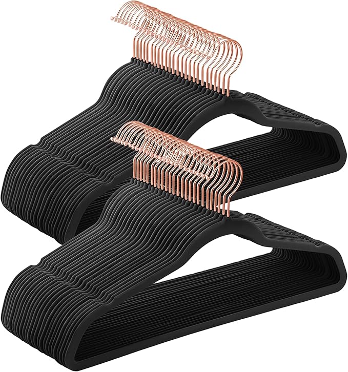 SONGMICS Slim Velvet Hangers, Non-Slip Clothes Hangers with Rose Gold Swivel Hooks, Space-Saving, for Closet, 50 Pack, Black UCRF026B50