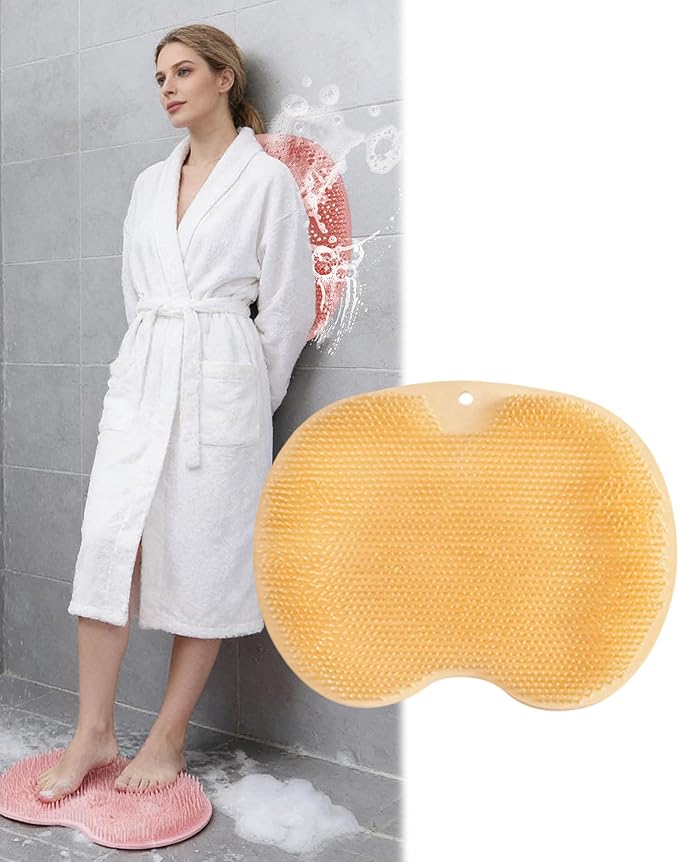 Silicone Massage Bath Mat, Shower Foot Scrubber Mat, Back Exfoliating Bath Pad for Shower, Non-Slip Suction Cups, Wall Mounted (Yellow)