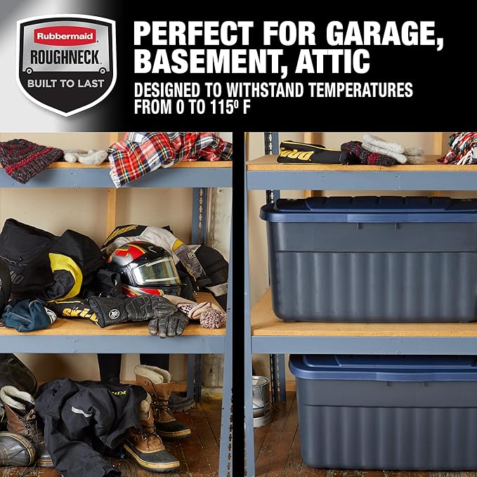 Rubbermaid Roughneck️ 40 Gallon Storage Totes, Pack of 2, Durable Stackable Storage Containers with Hinged Lids, Nestable Plastic Storage Bins for Tools, Toy Storage, Grey and Dark Indigo Metallic