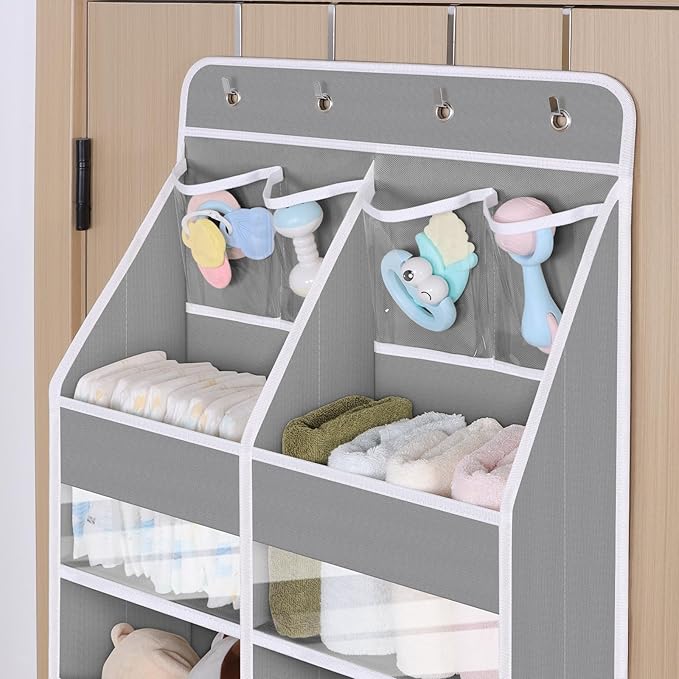 Univivi 5-Shelf Fabric Door Organizer Over Door Hanging Organizer with 8 Deep Pockets and 4 Small PVC Pockets Hanging Storage Organizers for Baby Nursery(Grey)