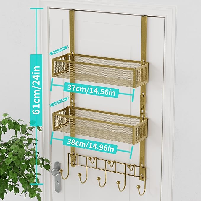 HapiRm Over The Door Hanger with Coat Hooks and 2 Baskets, Rustproof & Waterproof Over The Door Hooks, Storage Organizer for Hats, Bathroom, Kitchen, Bedroom - Gold
