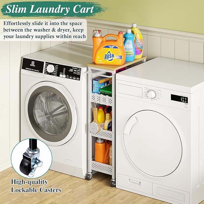 Utility Slim Storage Cart, 4-Tier Narrow Bathroom Organizers and Storage Cart, Narrow Metal Kitchen Laundry Room Organization Shelf with Wood Top, Slim Rolling Carts with Wheels for Small Space