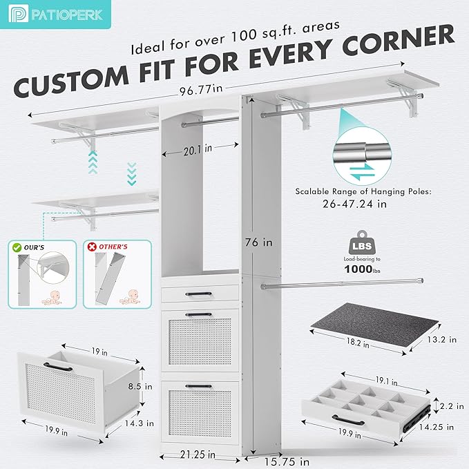 Walk in Closet Organizer System - with Drawers, 8FT Walk in Closets Organizer with Jewelry Box, 96” Wooden Storage Systems with 3 Hanging Pods, Built-in Garment Rack for Bedroom