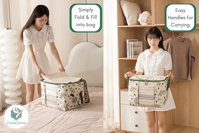 Chaos Cleared Canvas Storage Bags Designer Organizer 2 Pack – Seasonal Storage for Sweaters, Blankets, Linens & Garments – Foldable Design with Zip & Window, Moth-Proof Space Saver, Mistletoe Print