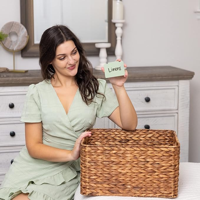 Hygge & Sage: Metal Non-Slip Basket Labels Clip On for Storage Bins, or Wire Racks | Includes 8 Labels, 8 Non-Slip Pads, and 2 Free Markers (Sage Green)