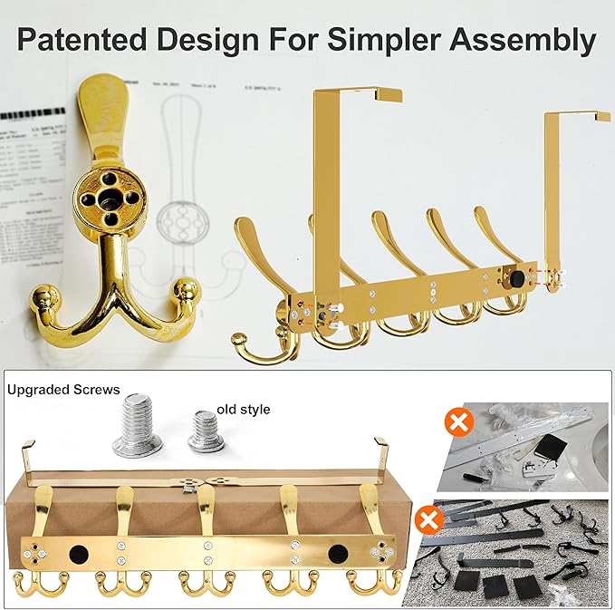 Dseap Over Door Hook 2.0 - Upgraded Version - Simple-Assembly, Strong, Heavy-Duty Stainless Steel 5-Tri-Hook Over The Door Hanger Rack, SimpleStrong Series, Gold