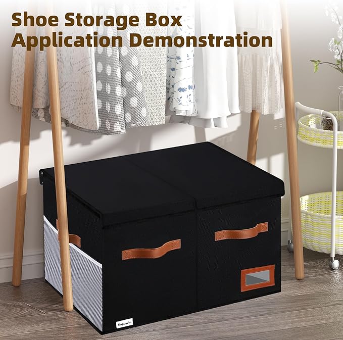 Shoe Organizer for Closet, Foldable Shoe Storage Bins with Lid & Adjustable Dividers, Fabric Shoe Box Storage Containers with Four Reinforced Handles, Fits 20 Pairs, 1 Pack, Black