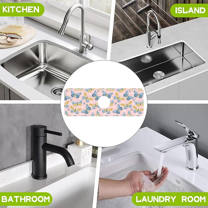 Kitchen Sink Splash Guard Faucet Mat Super Absorbent Fast Drying Mat Guard Behind Faucet Drip Catcher for Kitchen Bathroom (Butterflies and Chamomile, 23.5"X5.5")