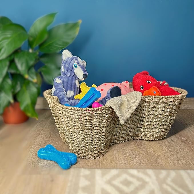 Dog Toy Basket, Seagrass Bone Shaped Dog Toy Bin, Handmade Pet Organizer And Storage, Toy Box for Cats (Large (22x14))