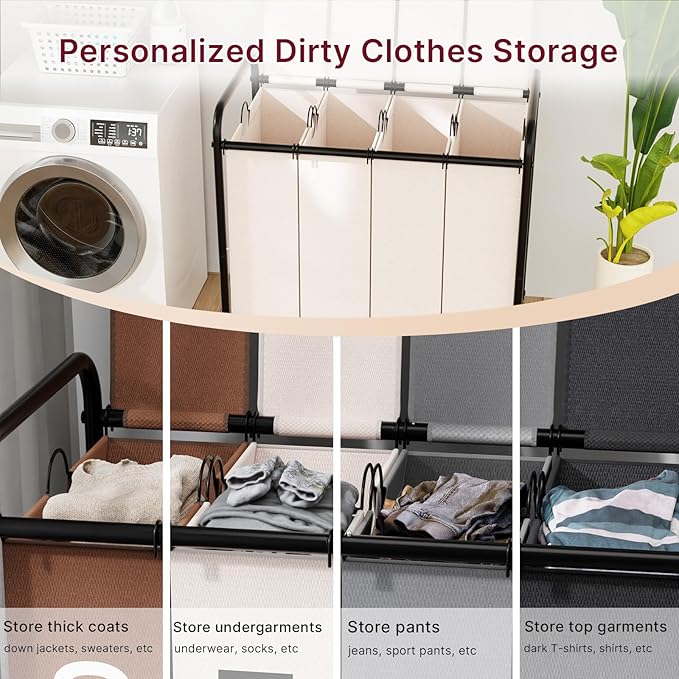 4-Compartment Laundry Cart with Lockable Wheels & Lid 180L Large Wheeled Laundry Basket Heavy-Duty Sorting Organizer for Laundry Room (White)