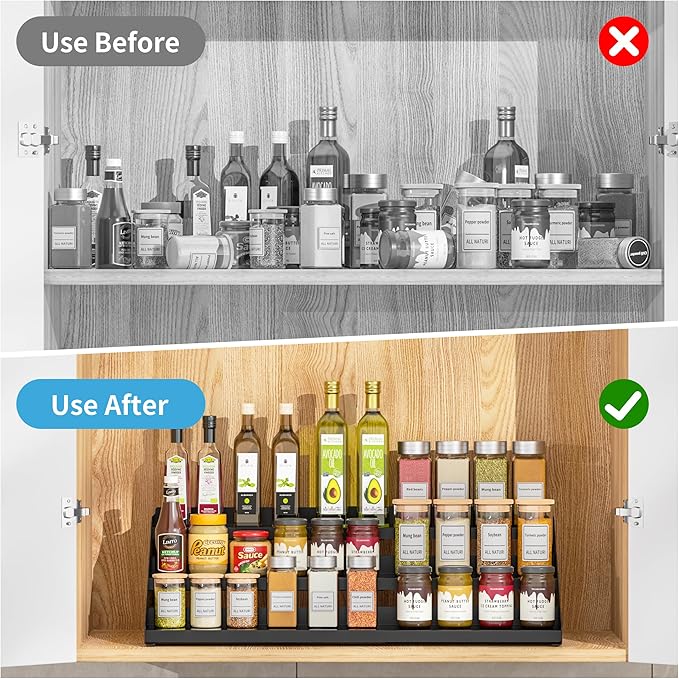 Spice Organizer, Spice Rack for Expandable 3-Tier, Spice Organization for Cabinet Expandable Width and Adjustable Height, Seasoning Organizer for Cabinet, Countertop, Pantry, Black