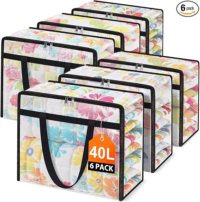 Clear Under Bed Storage Containers - 6 Pack Large Capacity Clothes Storage Bags with Lid & Sturdy Handles, Foldable Moving Bags, Clothing Organizer Totes for Bedding, Comforter, Sheet（40 L）