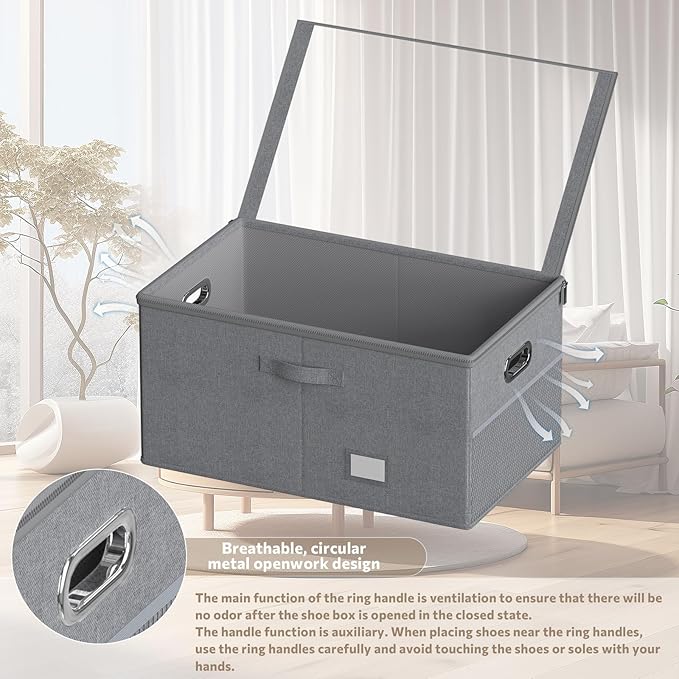 Shoe Organizer for Closet, Shoe Box Storage Containers Fit 18 Pairs Foldable Shoe Storage Bins with Clear Cover & Adjustable Dividers for Shoes Blankets Linen Clothing (Grey, (24.4*16.5*12.9)x1)
