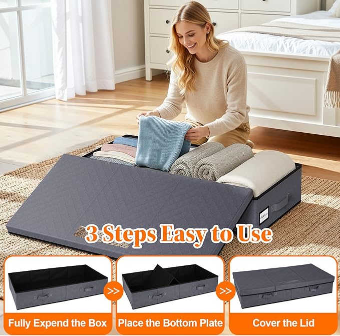 Under Bed Storage Containers with Lids - 2 Pack, Foldable and Stackable Clothes Storage Bags with Clear Window, 3-Sided Handles and Label Slot for Clothing, Blankets, Pillows (Grey)