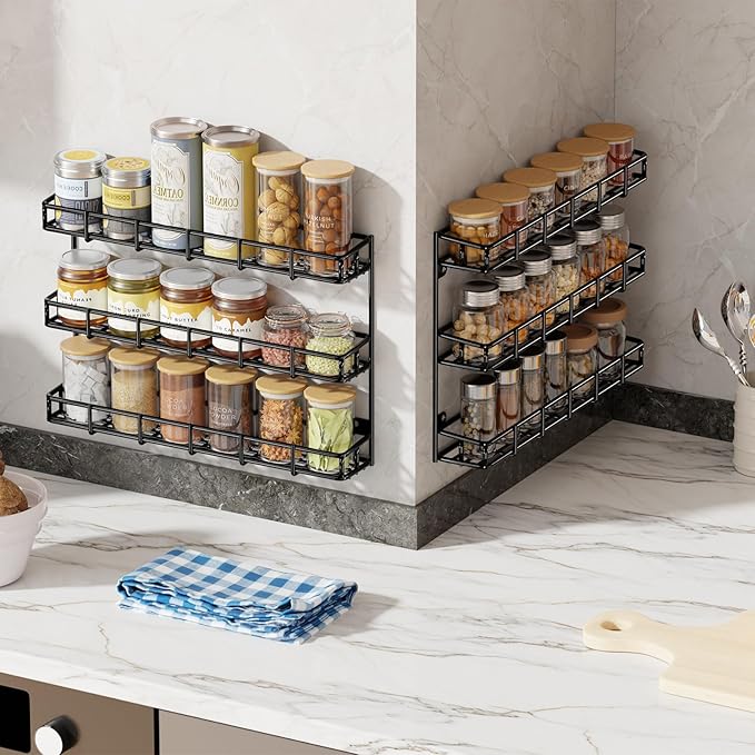 SUFAUY Wall Mounted Spice Rack, 6 Tier Heavy-Duty Metal Shelf for Kitchen Pantry, Black