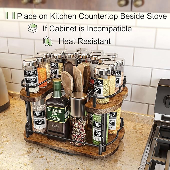 Lazy Susan Organizer Spice Rack - Spice Organization for Cabinet Height Adjustable Rotating Lazy Turntable, Pantry Kitchen Wood Revolving Seasoning Organizer (12 Inch)