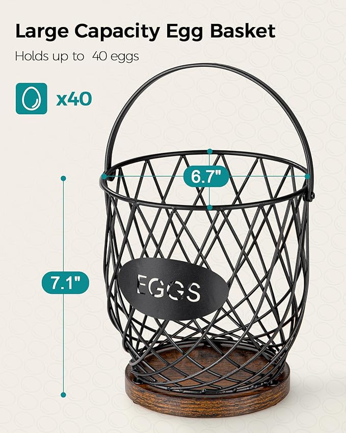 Chicken Egg Basket for Gathering Fresh Eggs with Metal Handle, Wire Egg Collecting Basket with Wooden Base, Round Egg Holder Countertop, Vintage Rustic Farmhouse Kitchen Decor Fruit Storage