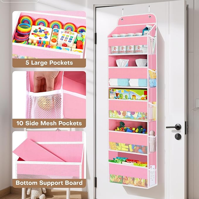 SpaceWhisper Over the Door Organizer, 5 Large Pocket Hanging Storage Organizer with 40lb Capacity, Space Saving for Nursery, Bathroom, Bedroom, Closet - Baby Essentials & Toiletry Organizer (Pink)