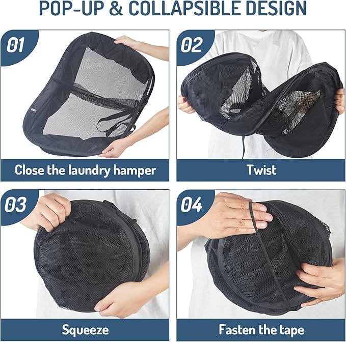 Mesh Popup Laundry Hamper 2 Compartment, Collapsible Laundry Sorter Basket Foldable Hamper for Clothes, College Dorm, Travel (Black)