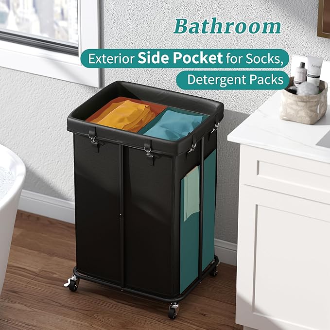 Laundry Hamper with Wheels, Rolling Laundry Basket with Metal Frame and Removable Bag, Double Laundry Hamper 2 Section, Large & Tall Dirty Clothes Hampers for Bedroom Aesthetic, Laundry Room, Bathroom
